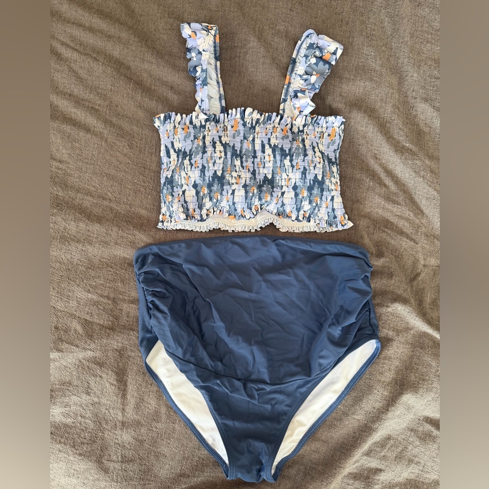 Floral Ruffle Maternity Swim Set - Blue